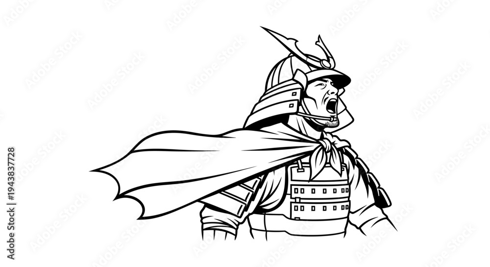 Obraz premium Dynamic Samurai Warrior in Armor with Flowing Cape, Shouting Battle Cry