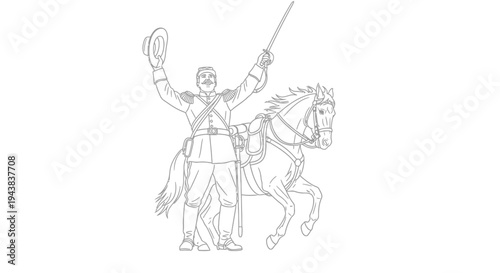 Equestrian General Saluting with Sword and Hat, Vintage Line Art