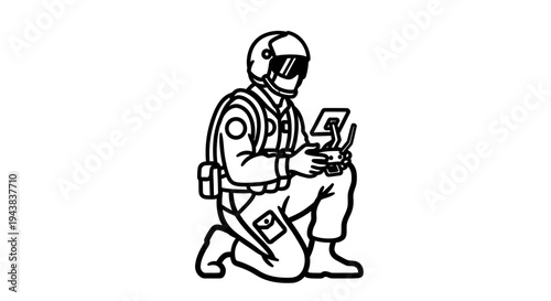 Drone Pilot Kneeling with Controller and Goggles, Remote Operation