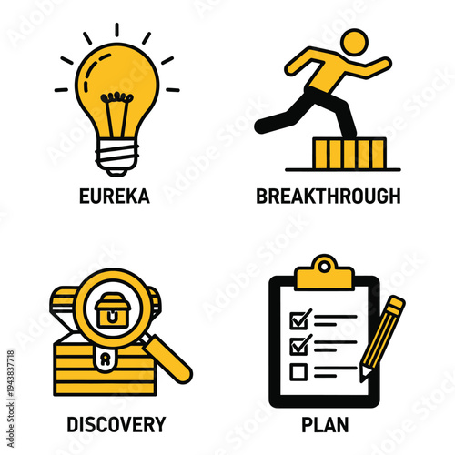 Vector art of four icons representing business concepts eureka lightbulb, breakthrough runner, discovery chest, and plan clipboard