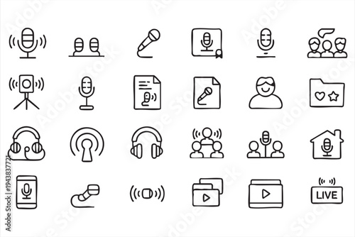 Podcast And Audio Recording Outline Icons Featuring Microphone Headphones Live Broadcast And Streaming Symbols