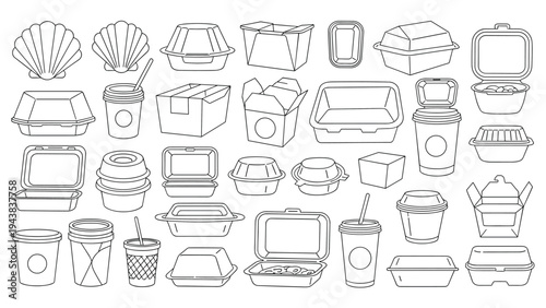 Extensive grid of disposable take-out containers, cups, and food boxes shown in a simple black and white line art for packaging design use.