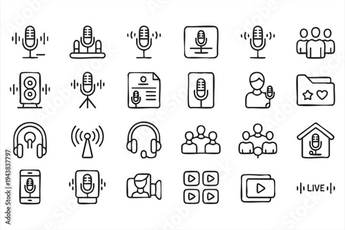 Podcast Production And Audio Media Icon Set Featuring Microphones Headphones And Broadcast Symbols