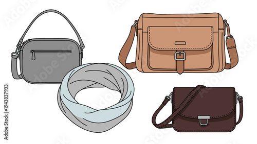 Fashion accessories including three different styles of crossbody bags and a thick grey infinity scarf on a white background for retail use.