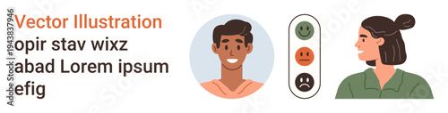 User satisfaction, feedback, emotion communication, customer service, online reviews, interpersonal understanding. Two individuals beside a feedback icon with happys. User satisfaction and feedback
