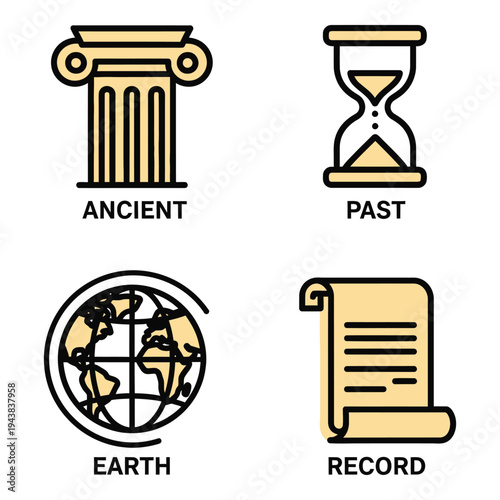 Vector art of collection of four ancient history icons column, hourglass, globe, and scroll
