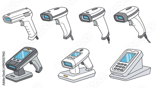 Set of handheld barcode scanners and docking stations used for inventory management and retail transactions in a store or warehouse setting.