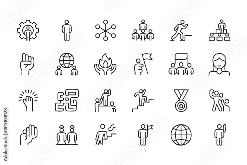 Leadership And Teamwork Outline Icons Featuring Success Motivation Career Growth And Collaboration Symbols