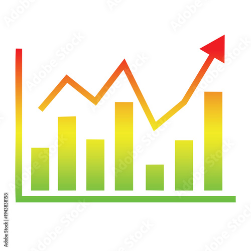 Set of four colorful vector bar charts with gradient arrows illustrating upward, downward, fluctuating, and stable business data trends.