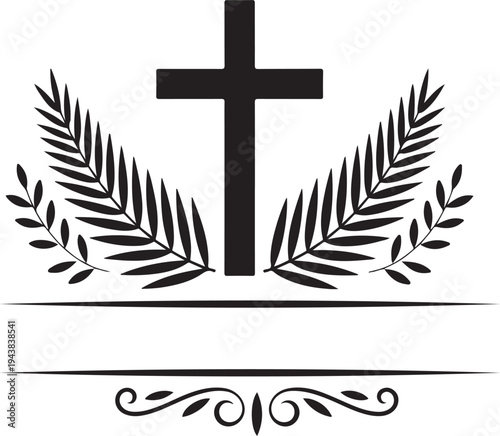 A solemn black cross symbol is framed by traditional olive branches and a graceful decorative separator