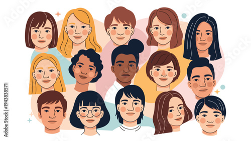 Illustration of a diverse group of people from various backgrounds and ethnicities gathered together in a friendly community setting.