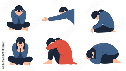 Set of human figures in various poses expressing sadness, depression, and grief through body language and seated positions.