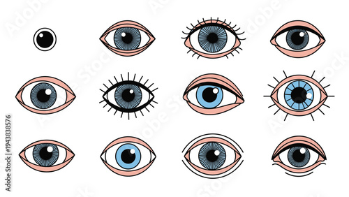 Collection of various human eye illustrations showing different shapes, colors, and styles including lashes and simplified pupil designs.