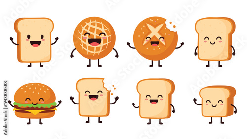 Adorable set of cartoon food characters featuring smiling slices of bread, round buns, and a tasty hamburger with faces.