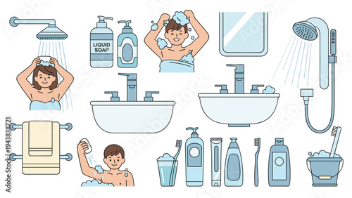 Collection of bathroom and personal hygiene icons featuring people showering, washing their faces, and various toiletry items.
