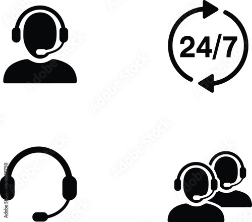 Customer support and call center service vector icon set for 24/7 technical assistance, global telemarketing, and corporate help desk