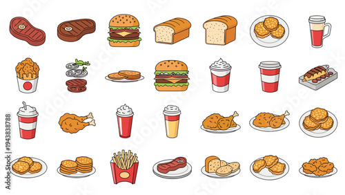 Comprehensive set of food and beverage icons featuring burgers, steak, fried chicken, bread, coffee, and various snack plates.