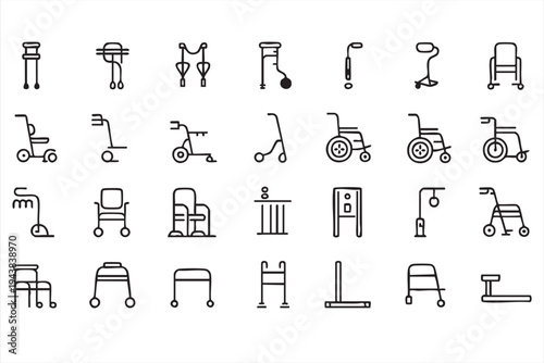 Disability Support And Mobility Aid Icon Set Featuring Wheelchair Walker Cane And Rehabilitation Equipment
