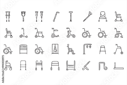 Medical Mobility Equipment Line Icons With Wheelchairs Walkers Scooters And Accessibility Ramps