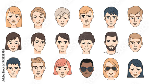 Collection of diverse male faces featuring various ethnicities, hairstyles, facial hair, and glasses for character design avatars.