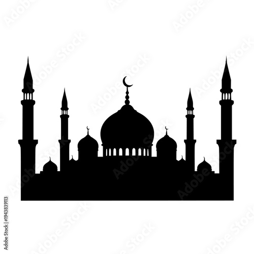 Silhouette of a grand mosque with multiple domes and minarets against a plain background