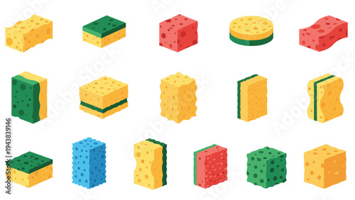 Variety of household cleaning sponges in different colors and shapes including rectangular, round, and contoured scrubbing pads.