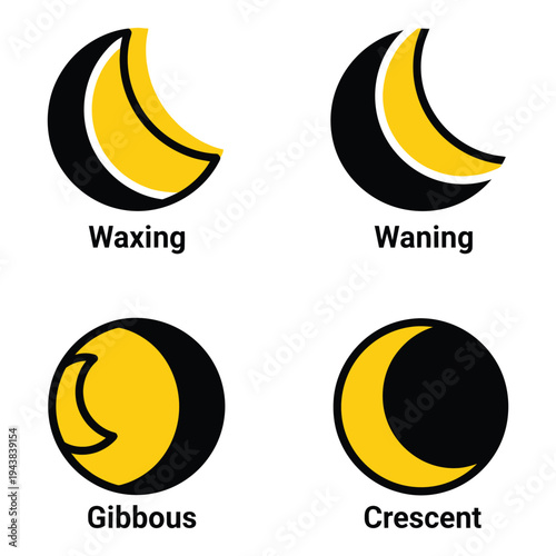Vector art of four phases of the moon waxing, waning, gibbous, and crescent