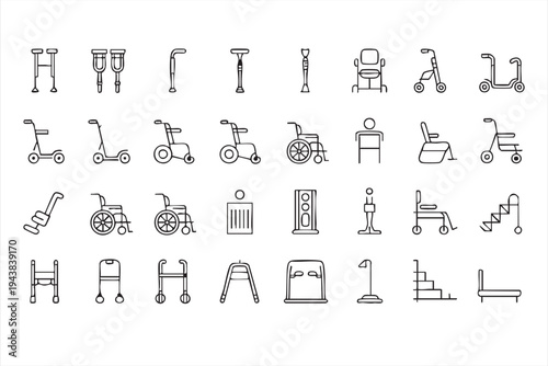 Assistive Medical Equipment Vector Icons With Wheelchairs Walkers Mobility Scooters And Ramps