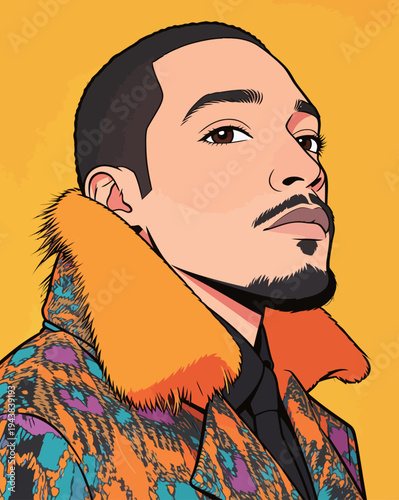 A man stands facing the camera, wearing a colorful patterned coat and showing a confident expression. The bright yellow background enhances the scene.