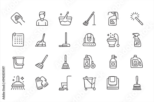 Cleaning And Housekeeping Outline Icons Featuring Vacuum Mop Bucket Spray Bottle And Hygiene Tools