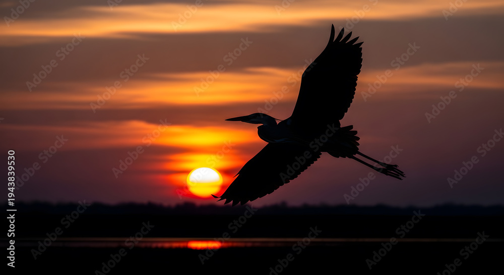 Fototapeta premium Silhouette of a heron bird standing in water at sunset