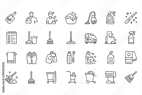 Home Cleaning And Sanitation Vector Icons With Vacuum Mop Gloves And Household Supplies
