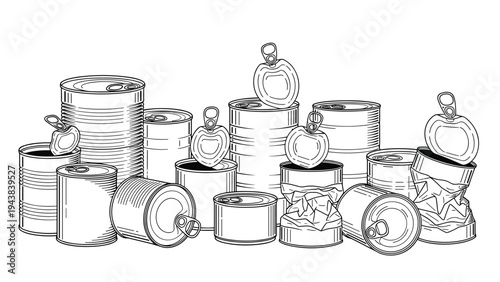 Collection of discarded and empty metal food cans including several that are crushed or dented for recycling and waste themes.