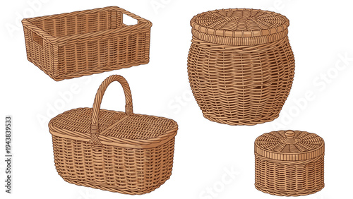 Collection of different woven wicker and rattan baskets including storage bins, laundry hampers, and a classic picnic basket with a lid.