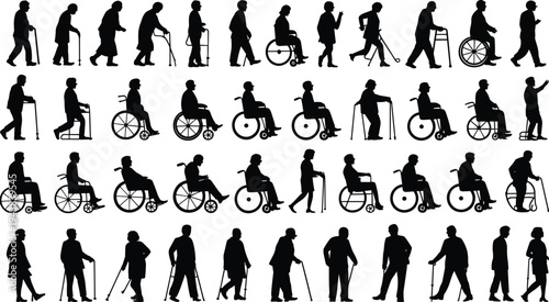 Black disability silhouettes, mobility aid vector, inclusive design icons, accessibility illustration elements, wheelchair and cane figures, diversity art, human decor