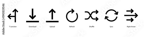 Data Transfer web banner icon vector illustration featuring T Junction, Download, Upload, Refresh, Shuffle, Sync, and Right Arrow.