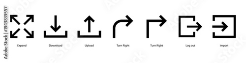 Workflow Process web banner icon vector illustration featuring Expand, Download, Upload, Turn Right, Turn Right, Log out, and Import.