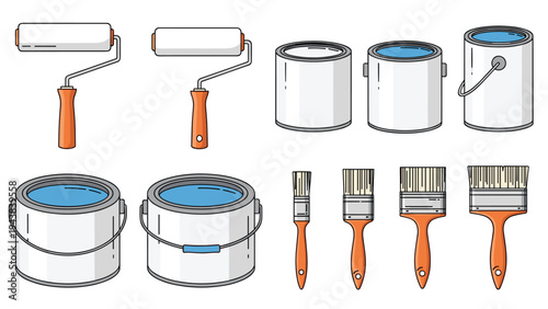 Collection of professional painting equipment including rollers, cans of blue paint, and various sizes of brushes for home improvement.