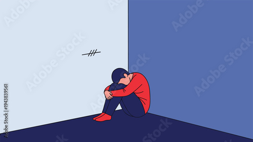 Person sitting alone in the corner of a room with head down reflecting themes of depression, loneliness, isolation, and mental health.