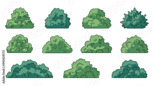 Various shapes and shades of green garden bushes and shrubs designed for landscaping architectural visualizations and natural outdoor scenes.