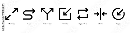 Path and Targets web banner icon vector illustration featuring Maximize, Route, Y Intersection, Minimize, Repeat Once, Shrink, and Target.