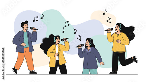 Group of friends or colleagues enjoying a karaoke night singing into microphones with musical notes floating in the background for a fun event.