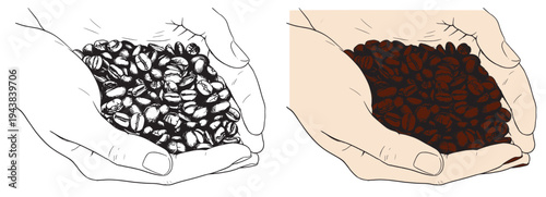 Coffee set graphic color isolated sketch illustration vector. Coffee beans in Hands. Art colorful design element