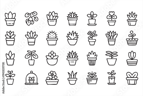 Houseplants And Potted Plants Outline Icons Featuring Succulents Cactus Flowers And Botanical Decor