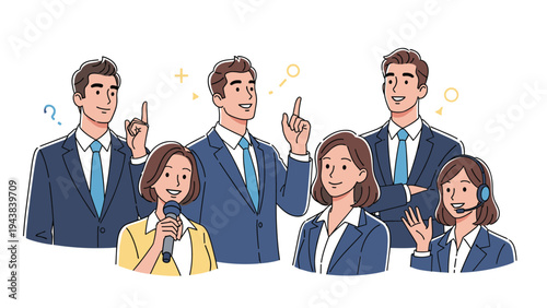 Professional business team members in suits presenting ideas, using microphones, and wearing headsets for effective corporate communication.