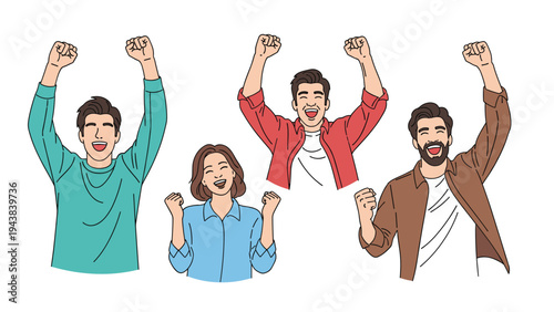 Enthusiastic group of young people celebrating an achievement or victory with their arms raised in excitement and happiness for success.