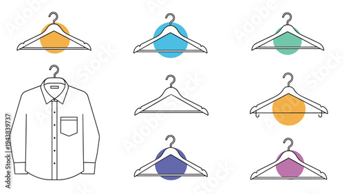 Assorted clothing hangers in various colors and designs shown next to a formal white shirt for closet organization and retail display concepts.