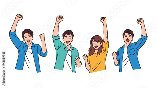 Four happy people in casual clothes celebrating a win or success with their fists raised and broad smiles in a moment of shared joy.