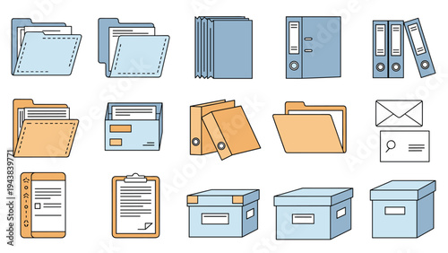 Collection of essential office supplies including file folders, ring binders, storage boxes, and envelopes for business organization and archiving.
