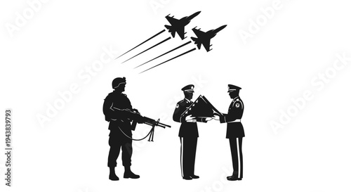 Military Ceremony with Fighter Jets Flyover and Soldier with Rifle